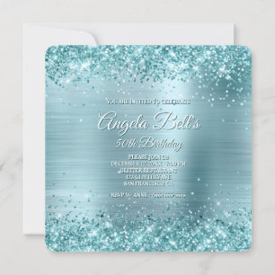 Convites Aqua Teal Glitter Pale Blue Foil 50º Aniversário