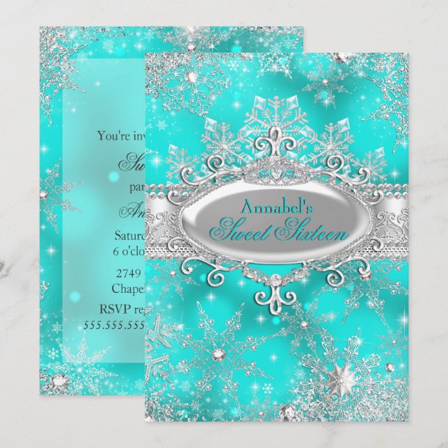 Convites Aqua Teal Princesa Winter Wonderland Doce 16 (Frente/Verso)