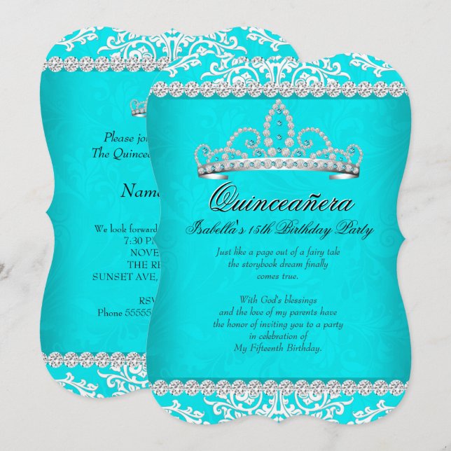 Convites Aqua Teal Quinceanera 15 Festa de aniversário Tiar (Frente/Verso)
