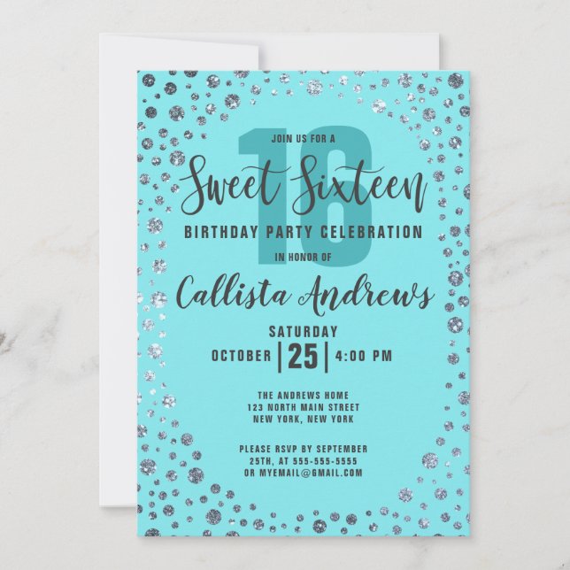 Convites Aqua Teal Silver Glitter Confetti Border Sweet 16 (Frente)
