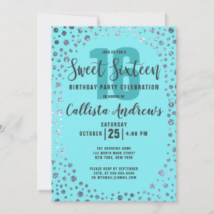 Convites Aqua Teal Silver Glitter Confetti Border Sweet 16