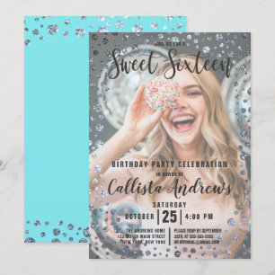 Convites Aqua Teal Silver Glitter Confetti Foto Sweet 16