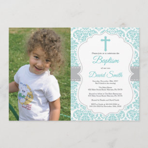 Convites Aqua Teal Turquoise Damask Cross Baptism