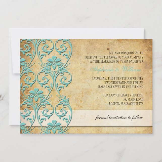 Convites Aqua Vintage Floral Swirl Invitation (Frente)