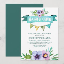 Convites Aqua Watercolor Chá de fraldas Floral