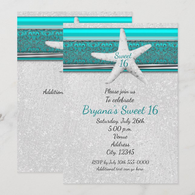 Convites Aqua & White Starfish Beach Sweet 16 (Frente/Verso)
