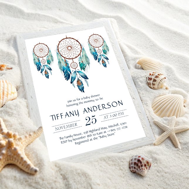 Convites Aquamarine Watercolor Dreamcatcher Chá de fraldas (Aquamarine Watercolor Dreamcatcher Baby Shower Invitation)