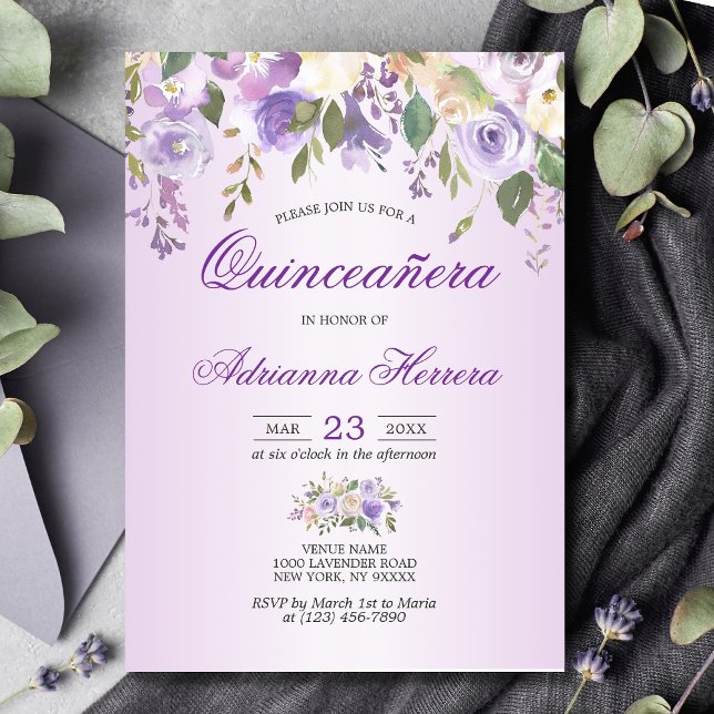 Convites Aquañera Lavanda Floral Puro Quinceañera (Criador carregado)