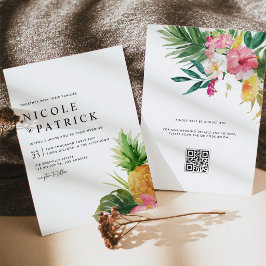 Convites Aquarela Abacaxi Código QR Tropical Casamento
