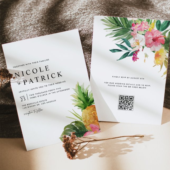 Convites Aquarela Abacaxi Código QR Tropical Casamento (Customizable QR code wedding invitation featuring watercolor pineapple, tropical greenery & flower.)