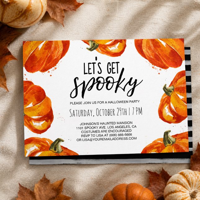 Convites Aquarela Abóbora Vamos Ficar Assustadores Hallowee (Let’s get spooky! This festive Halloween party invitation features vibrant watercolor pumpkins.)