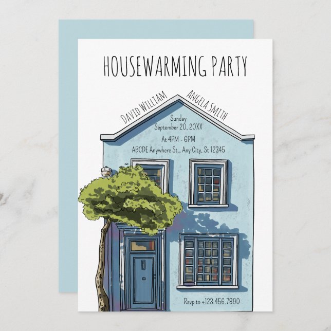 Convites Aquarela acolchoada pequena casa aberta (Frente/Verso)