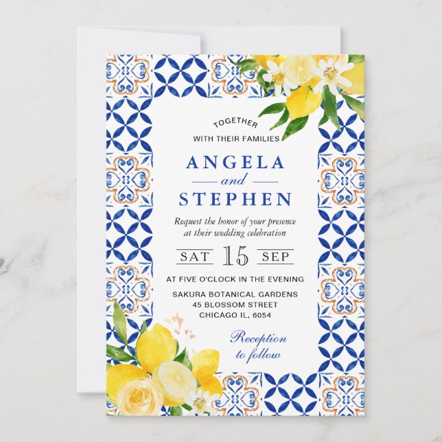 Convites Aquarela Amarelo e Azul Limões Moldura Casamento (Frente)