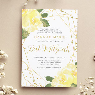 Convites Aquarela Amarelo Floral Dourado Bat Mitzvah