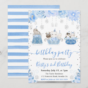 Convites Aquarela Animais Árticos Floral Aniversário