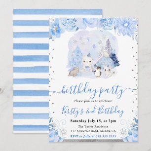 Convites Aquarela Animais Árticos Floral Aniversário Infant