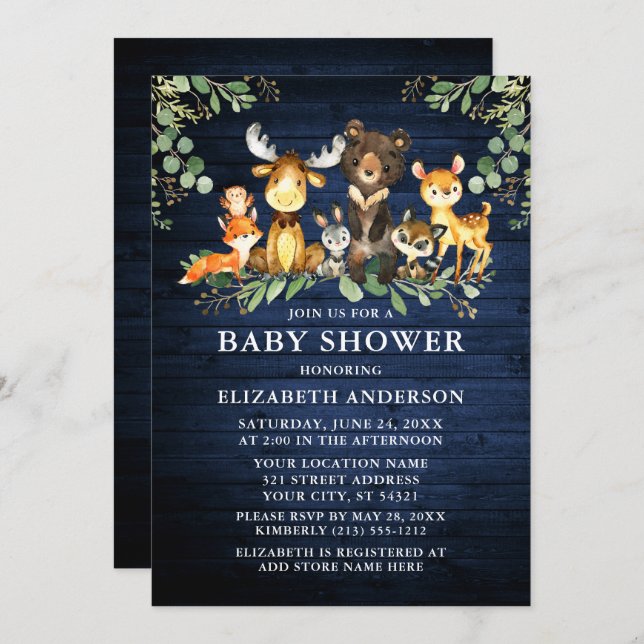 Convites Aquarela Animais da Floresta Madeira Chá verde (Frente/Verso)