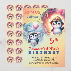 Convites Aquarela Animais Fofos de Festa Pinguim Aquarela