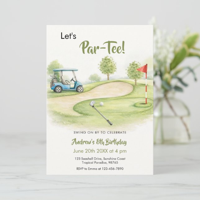 Convites Aquarela Aniversário de Golf Par-Tee (Em pé/Frente)
