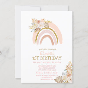 Convites Aquarela Arco-íris Boho Flores Listradas Aniversár