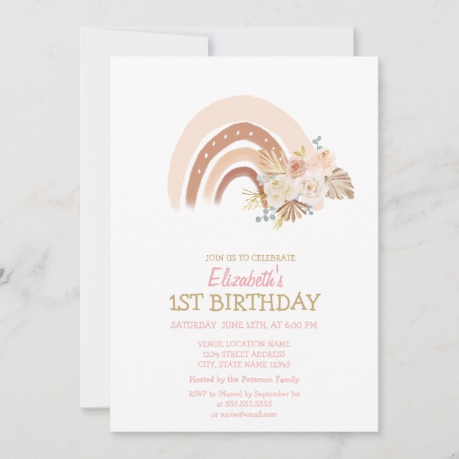Convites Aquarela Arco-íris Boho Flores Listradas Aniversár (Frente)