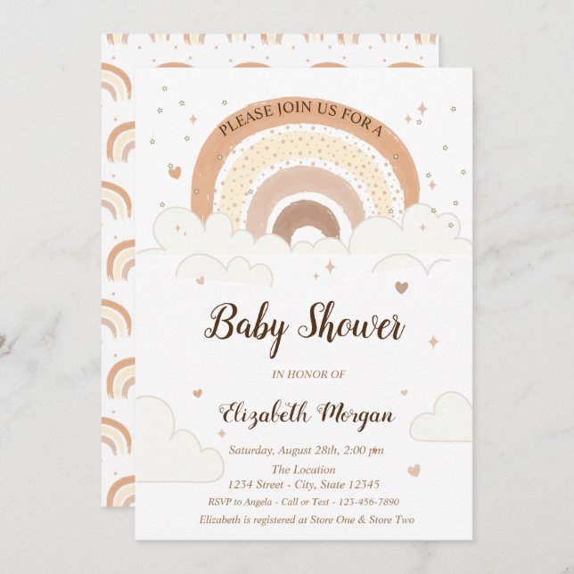 Convites Aquarela Arco-Íris Nuvens Chá de fraldas (Frente/Verso)