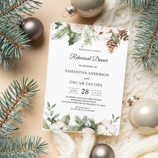 Convites Aquarela Árvore de Pinheiro Verde de Inverno & Flo (Criador carregado)