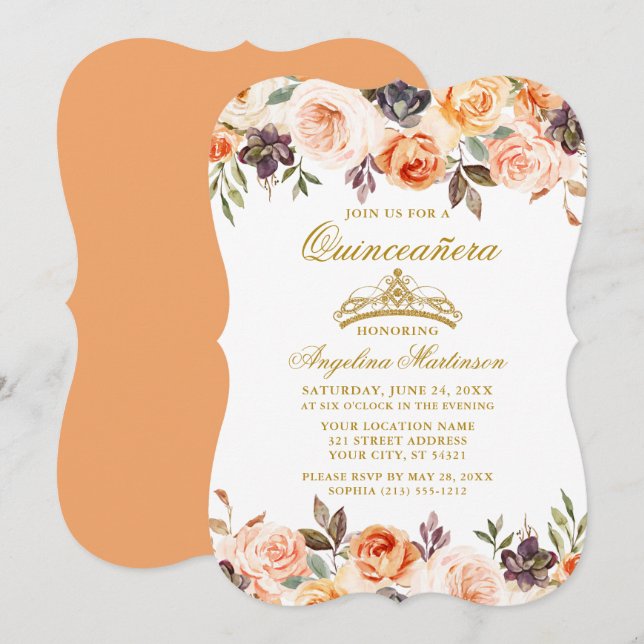 Convites Aquarela Autumn Floral Peach Dourada Quinceanera (Frente/Verso)