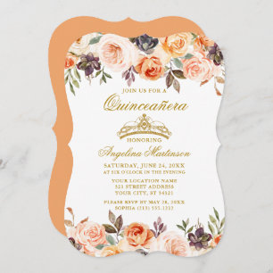 Convites Aquarela Autumn Floral Peach Dourada Quinceanera