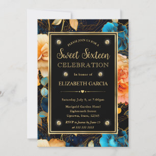 Convites Aquarela Azul Amarelo & Flores Douradas Sweet 16