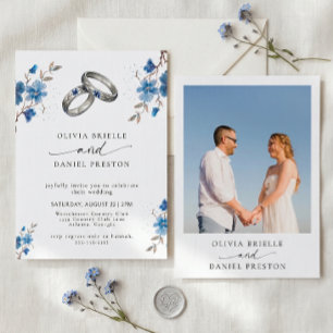 Convites Aquarela Azul Anéis Florais Foto de Casamento Eleg