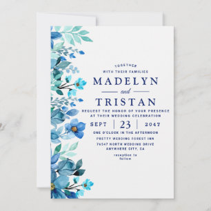 Convites Aquarela Azul Casamento Floral Rústico Minimalista