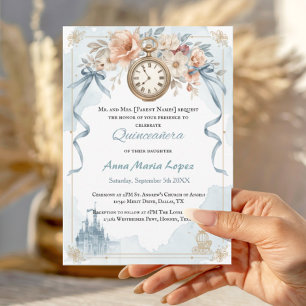 Convites Aquarela azul claro tema Cinderella quinceanera