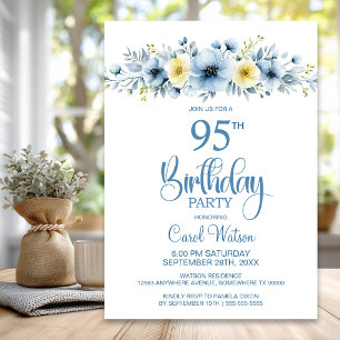 Convites Aquarela Azul e Amarelo Floral Aniversário de 95 a
