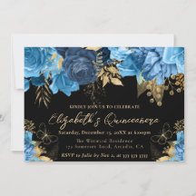 Aquarela Azul e Flores Douradas Quinceanera