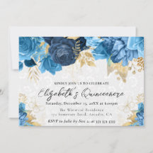 Aquarela Azul e Flores Douradas Quinceanera