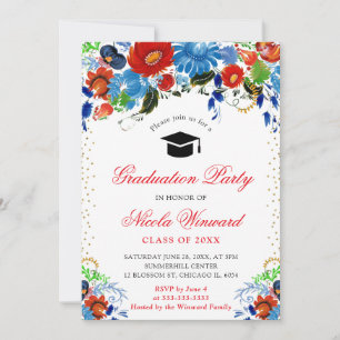Convites Aquarela Azul e Flores Vermelhas Graduação