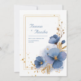 Convites Aquarela Azul Floral Elegante com Folha de Ouro Ca