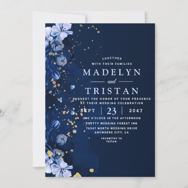 Convites Aquarela Azul Floral Rústico Minimalista Casamento (Frente)