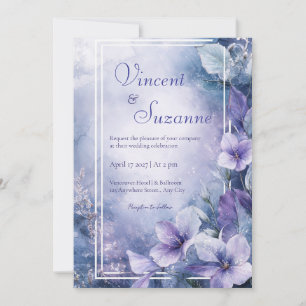Convites Aquarela Azul Lavanda Floral Casamento de Inverno