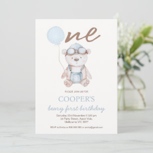 Convites Aquarela Azul Marrom Urso Primeiro Aniversário