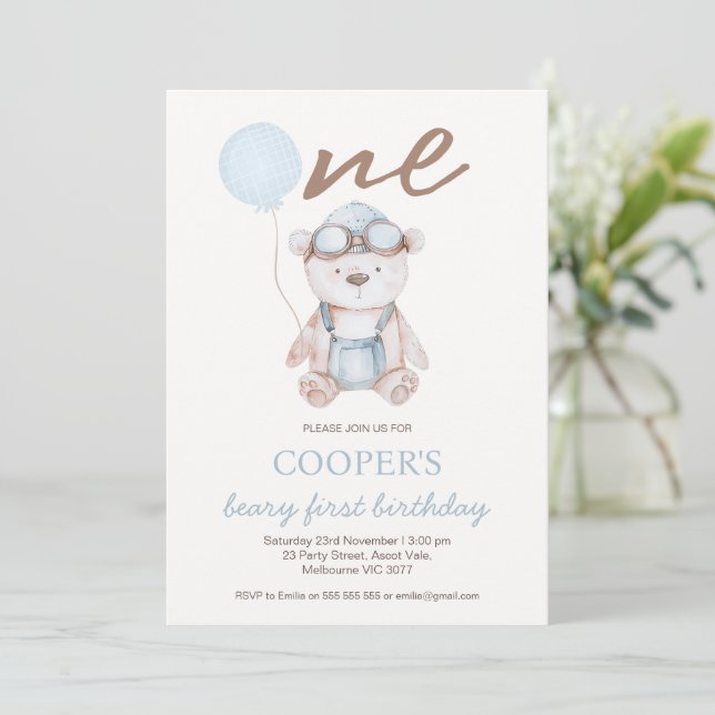 Convites Aquarela Azul Marrom Urso Primeiro Aniversário  (Em pé/Frente)