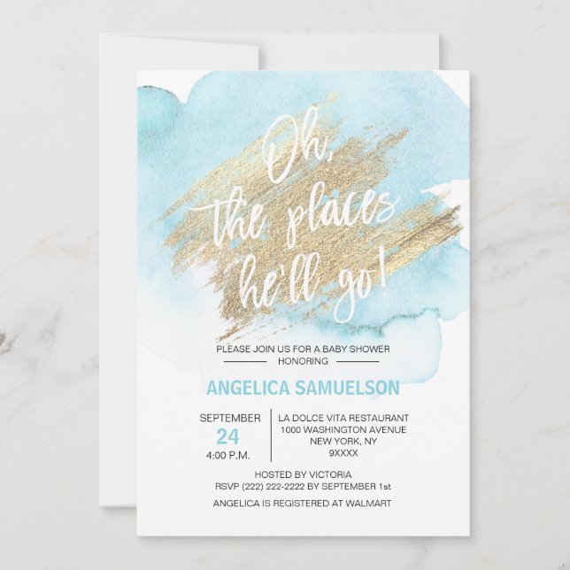 Convites Aquarela Azul Os lugares que ele vai Chá de fralda (Frente)