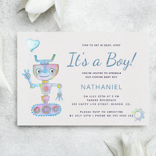 Convites Aquarela azul robô fofo é um menino baby shower