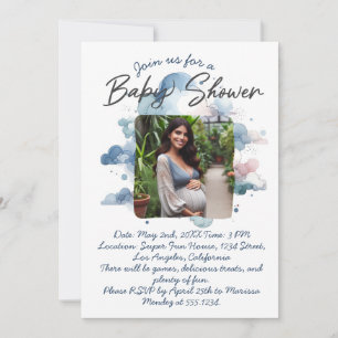 Convites Aquarela azul roteiro personalizado de baby shower