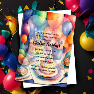Convites Aquarela Balões de Aniversário Cakes Coloridos