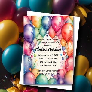 Convites Aquarela Balões de Aniversário Coloridos