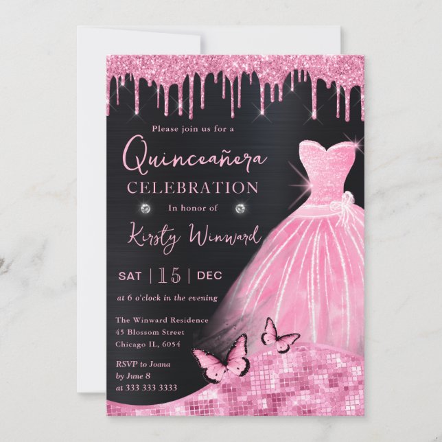 Convites Aquarela Bebê Rosa Cinza Vestido Quinceanera (Frente)