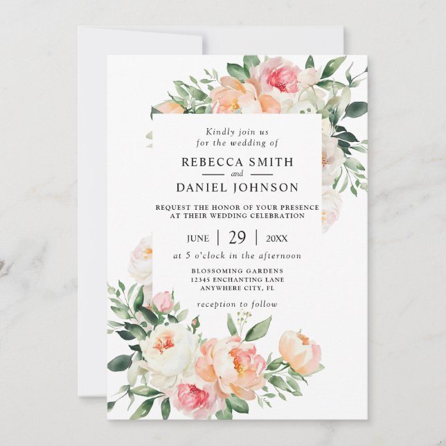 Convites Aquarela Bege Flores e Folhagens Casamento (Frente)