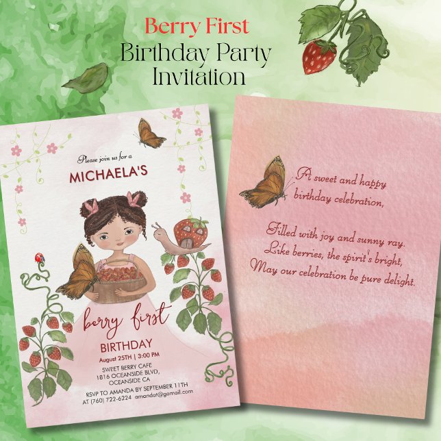 Convites Aquarela "Berry Sweet" Garota Primeiro Aniversário (Watercolor 'Berry Sweet' Girl First Birthday Invitation)